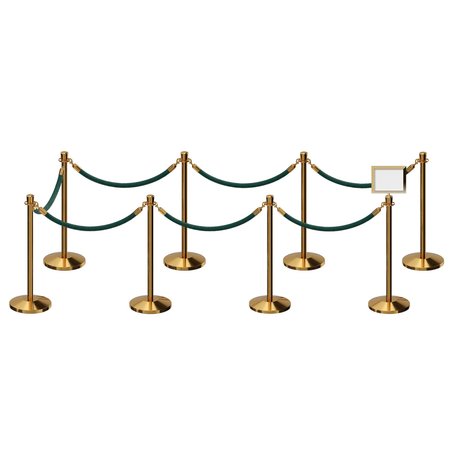 MONTOUR LINE Stanchion Post & Rope Kit Pol.Brass, 8CrownTop 7Green Rope 8.5x11H Sign C-Kit-7-PB-CN-1-Tapped-1-8511-H-7-PVR-GN-PB